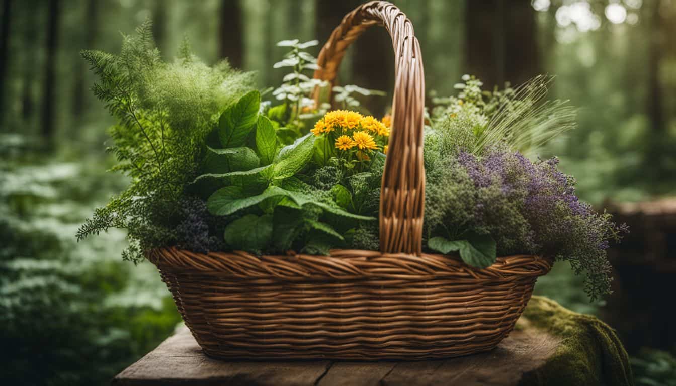 A basket filled with a colorful variety of freshly foraged plants in a lush forest backdrop.