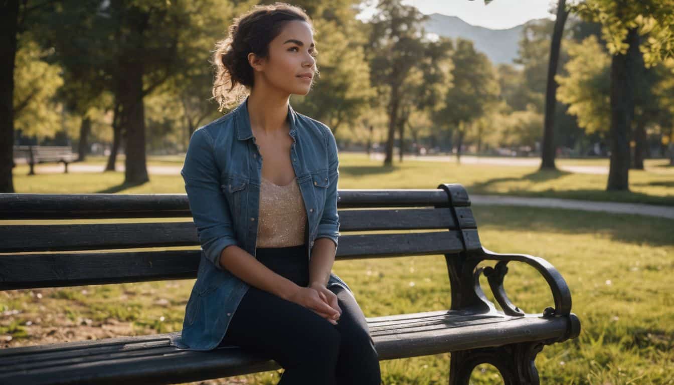 A person sits alone on a park bench, surrounded by nature, practicing mindfulness.