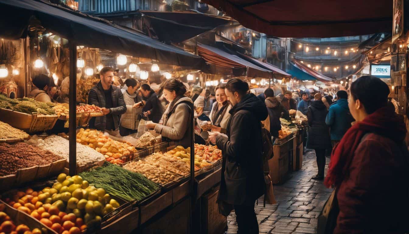 A diverse group of people engage in lively market transactions in a vibrant cityscape.