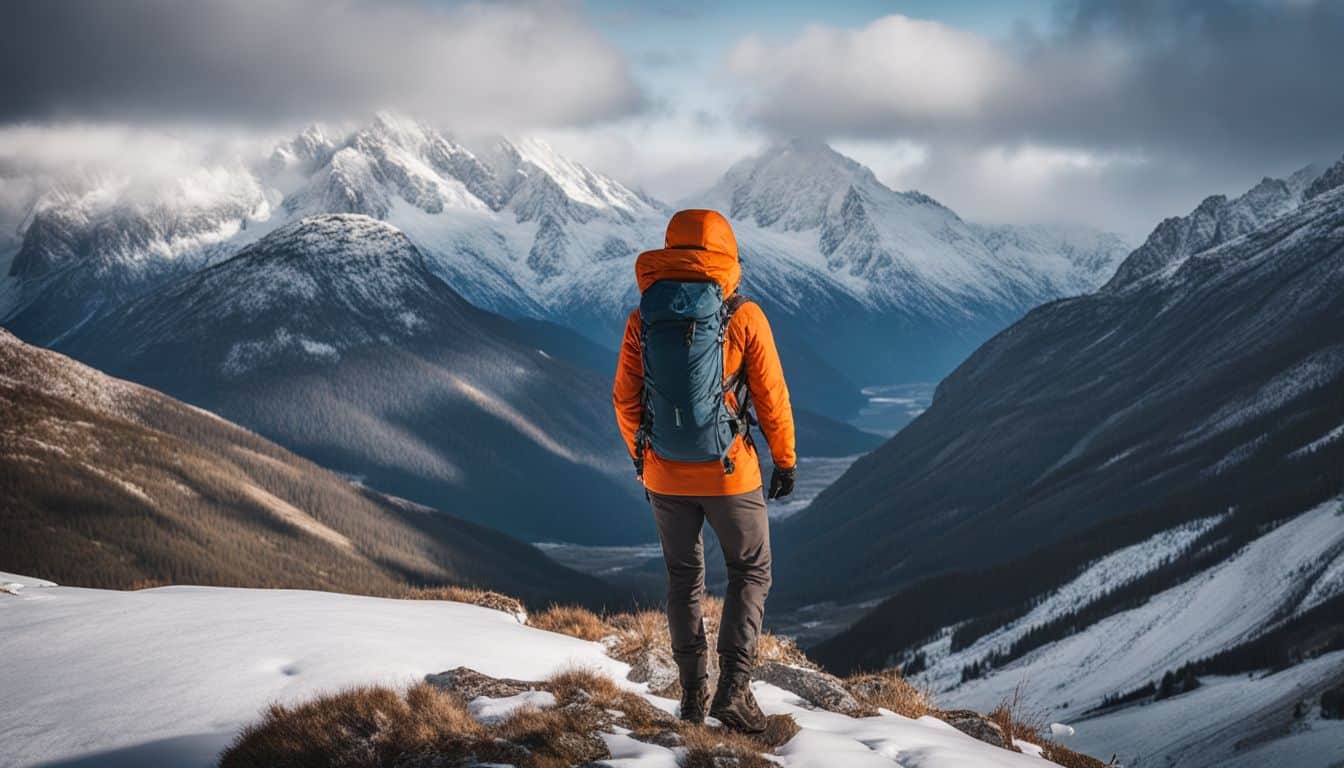 A hiker in winter gear surrounded by snowy mountains stands out in a bustling atmosphere.
