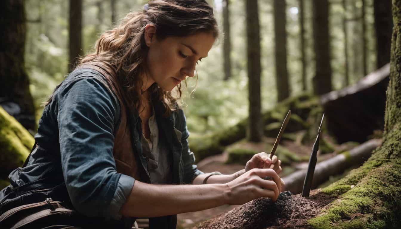 A person is crafting a stone spearhead in a forest setting for a nature photography project.