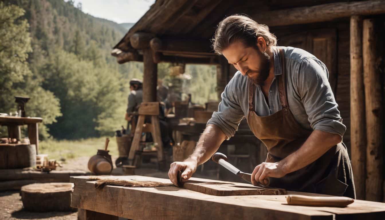 A person carving a wooden tool outdoors in a rustic setting, surrounded by a bustling atmosphere.