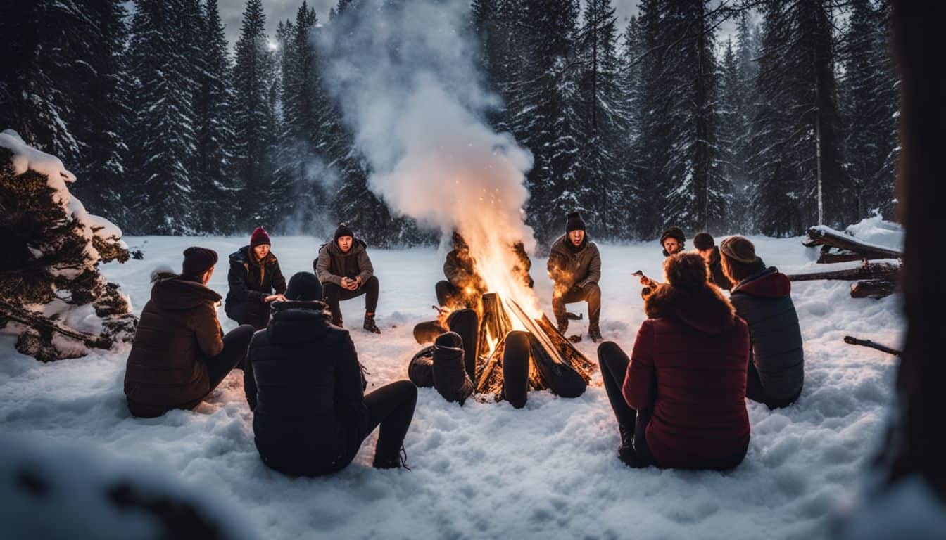 A photo of a roaring campfire in a snowy forest with people of diverse appearances and attire.