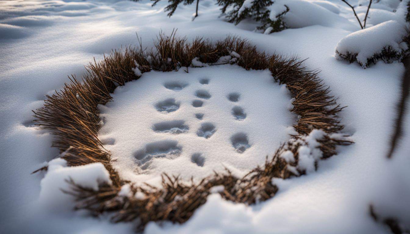 A photograph of animal tracks in the snow in a winter forest with diverse people and well-captured details.