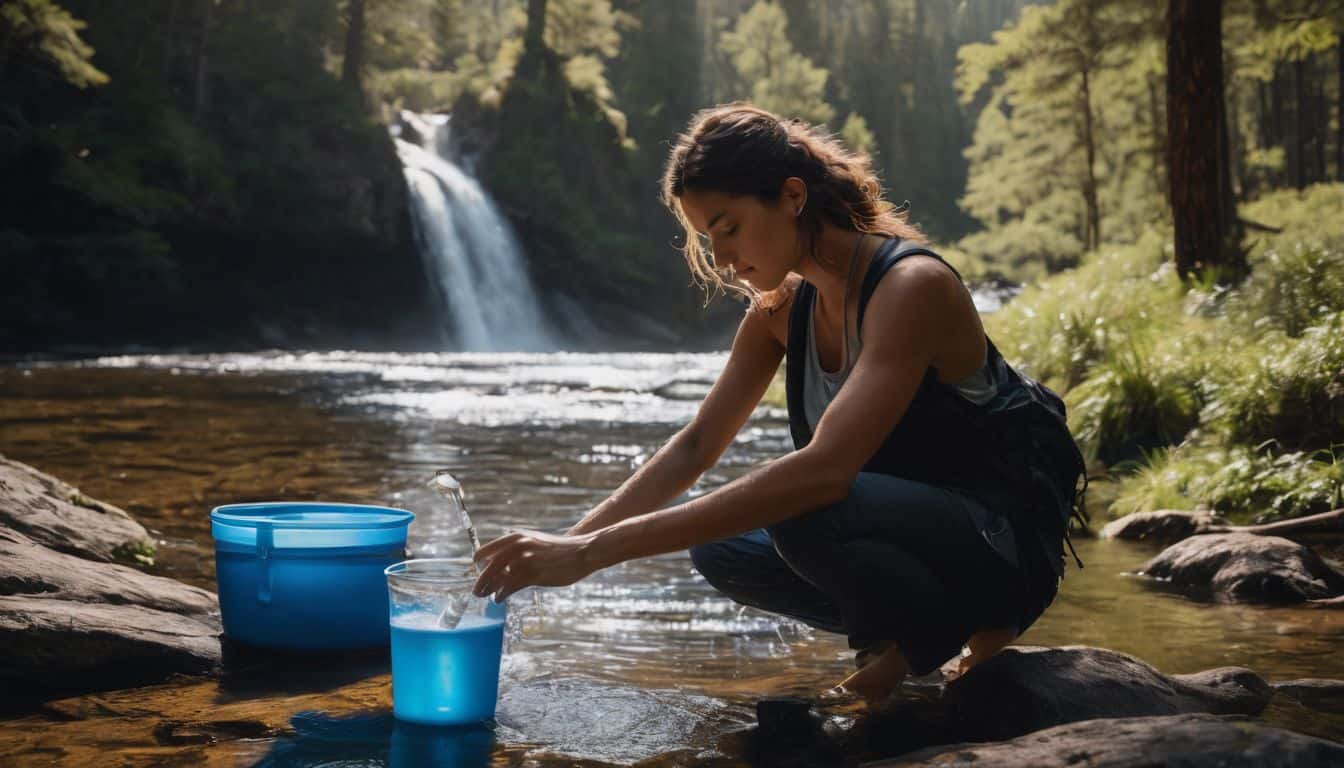 A person using an improvised water filtration system in a natural outdoor setting.