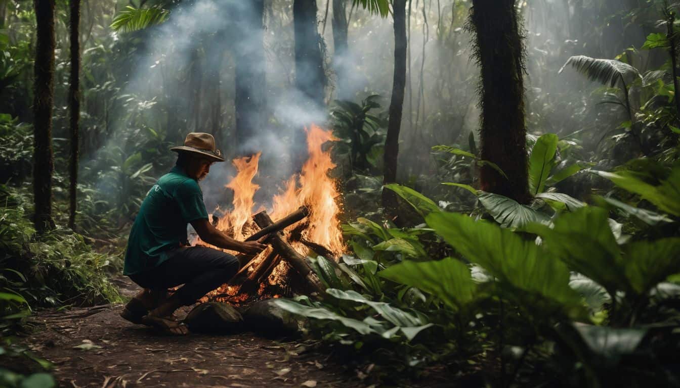 A person intentionally starts a fire in a lush jungle surrounded by diverse individuals.