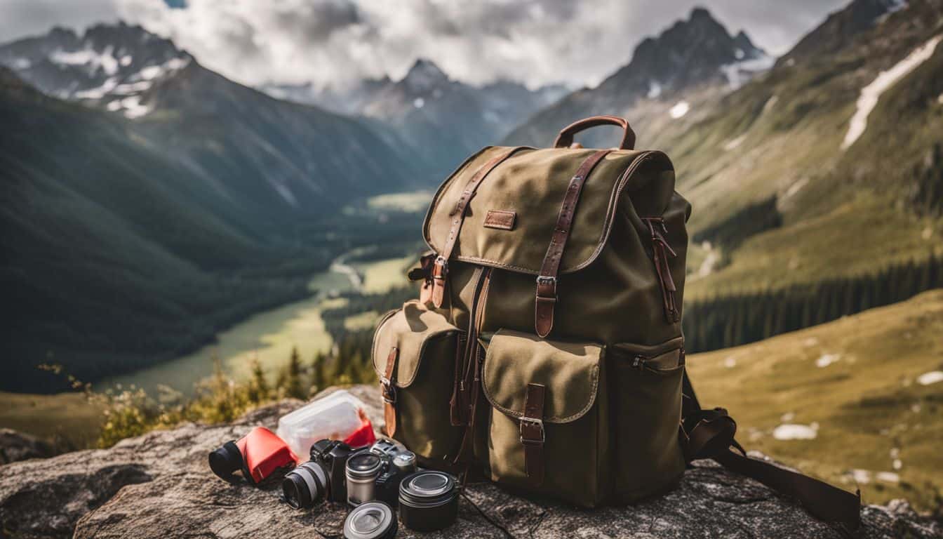 A backpack filled with survival kit supplies is set against a beautiful mountain landscape.