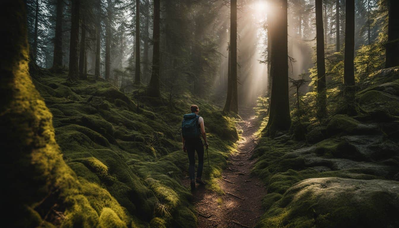 A hiker explores a dense forest, alert to potential dangers, captured in a stunning photograph.