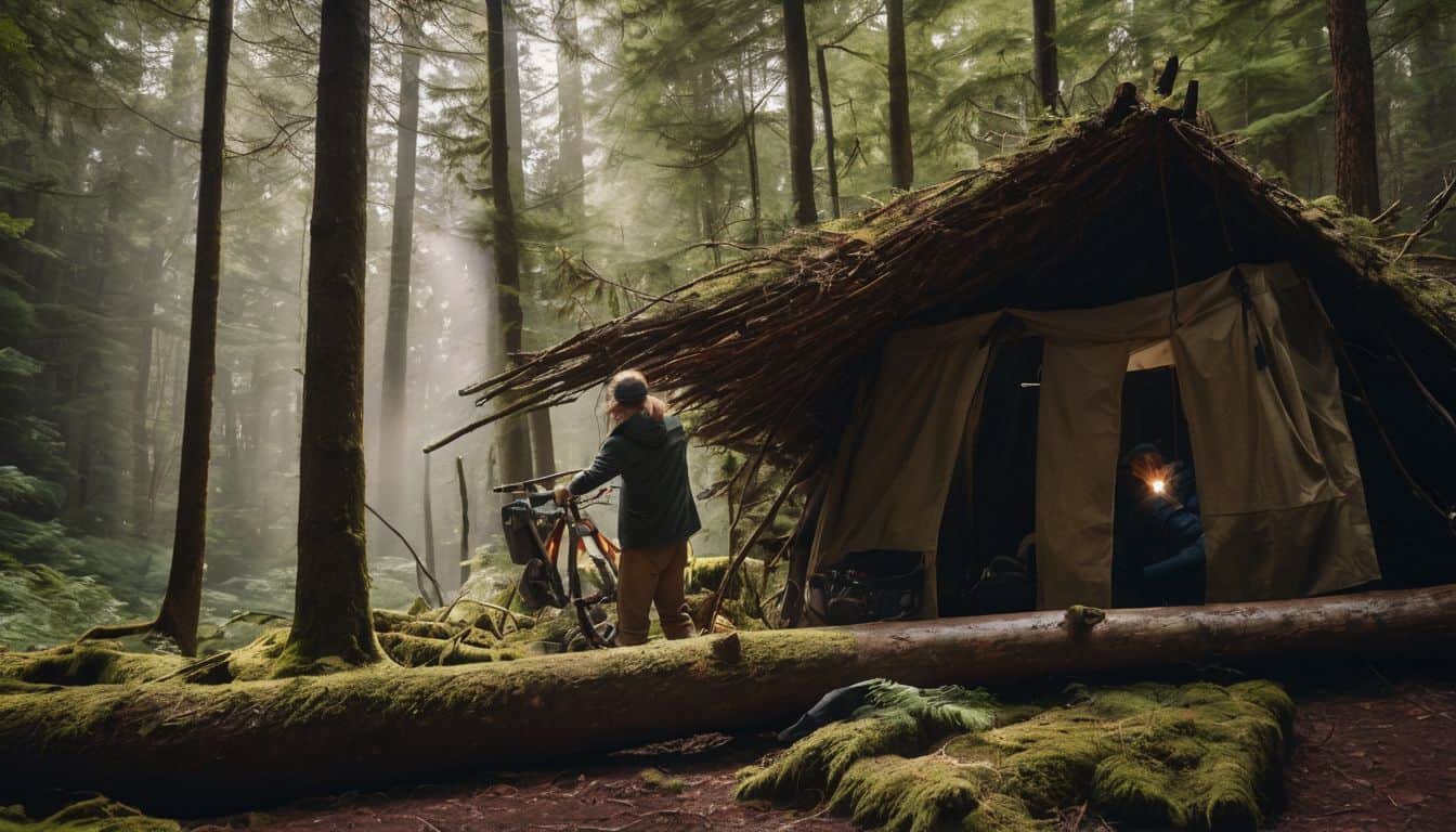 A person constructs a shelter in a dense forest using fallen tree branches.