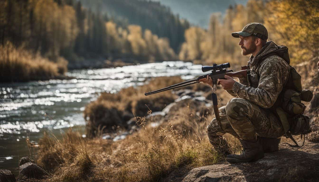 A hunter is shown in camouflage, surrounded by nature and his hunting and fishing gear.