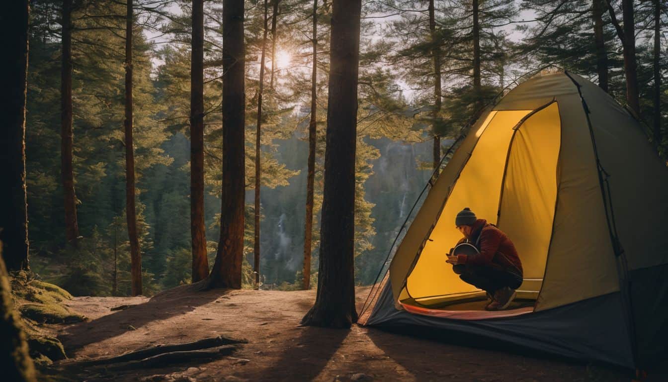 A person using a portable camping toilet in a secluded outdoor setting.