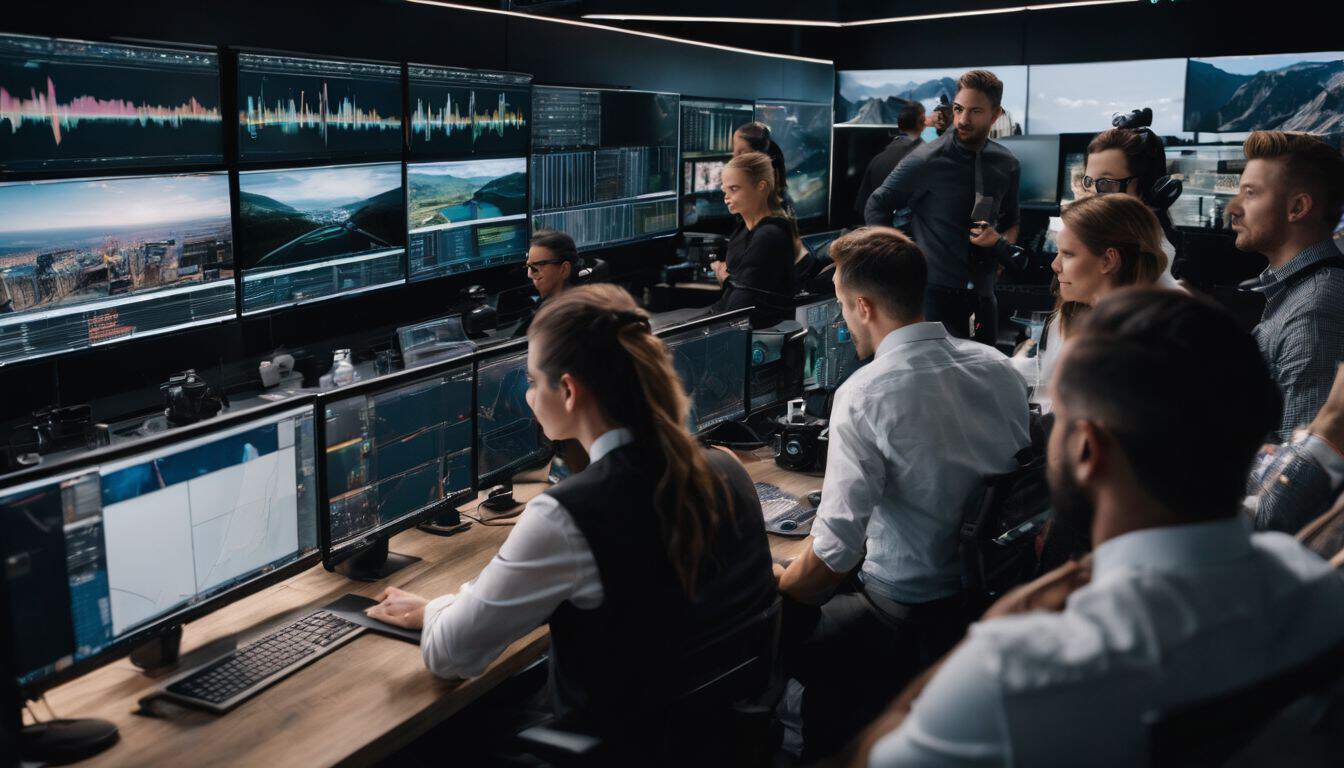 A team of professionals monitor screens in a control room, creating a bustling and cinematic atmosphere.