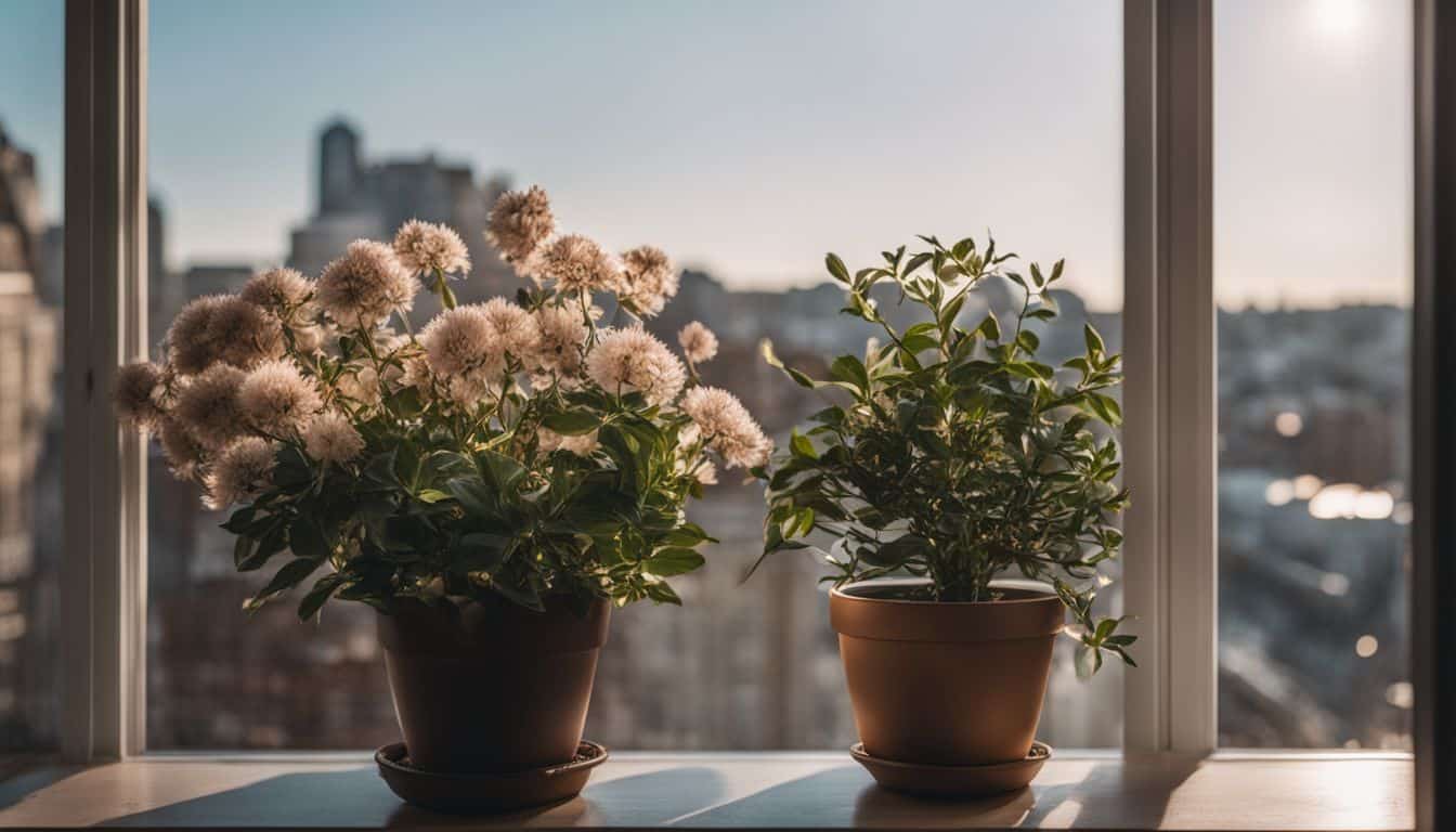 A photo of a blooming potted plant on a windowsill overlooking a quiet city street.