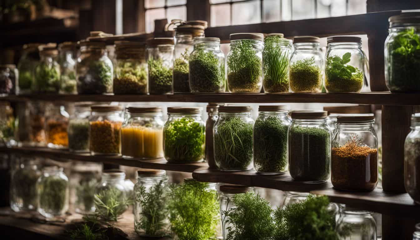 A photo of a variety of colorful and aromatic herbs in glass jars with different people and styles showcasing a bustling atmosphere.