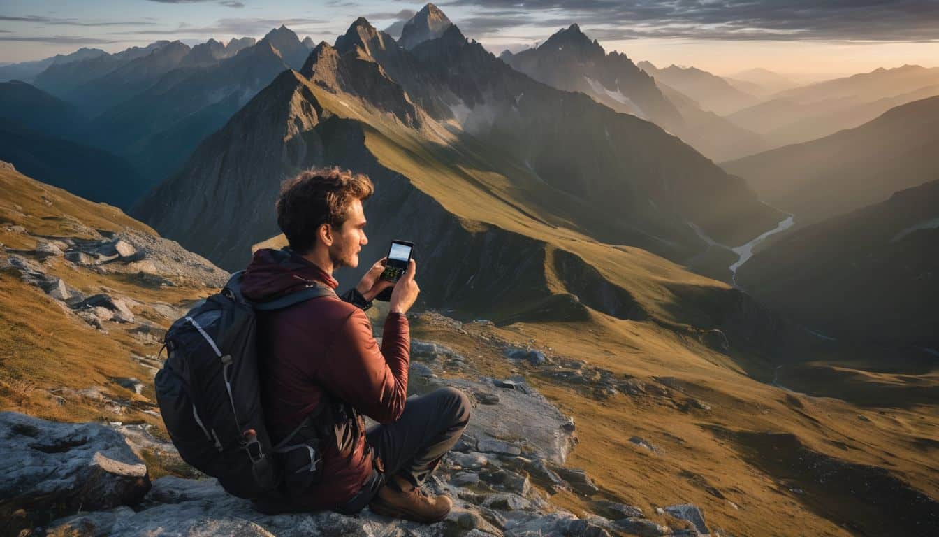 A person uses a satellite phone on a mountaintop surrounded by rugged terrain, capturing the adventurous atmosphere and bustling activity.