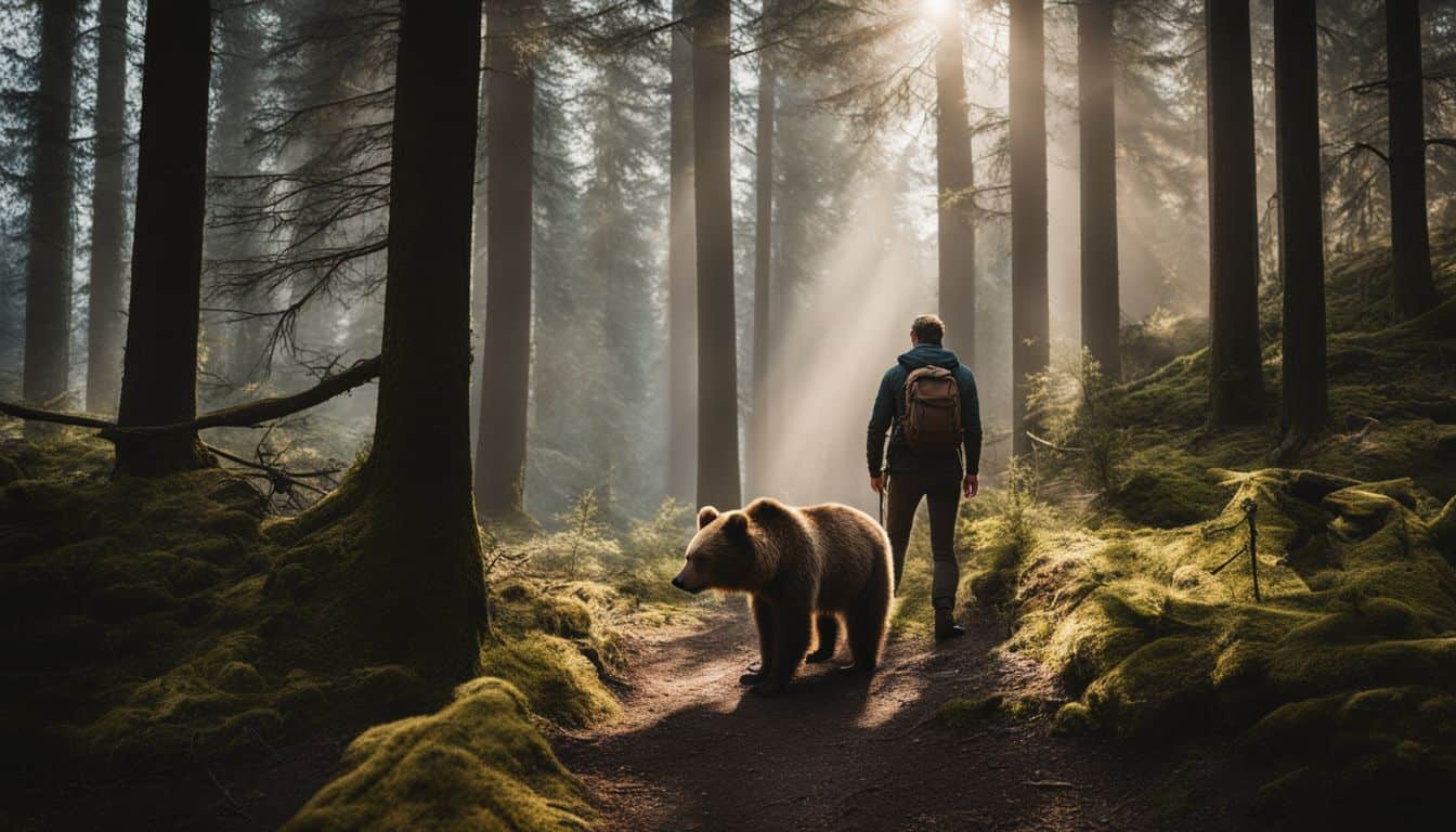 A hiker carefully observes a bear from a distance in a forest.