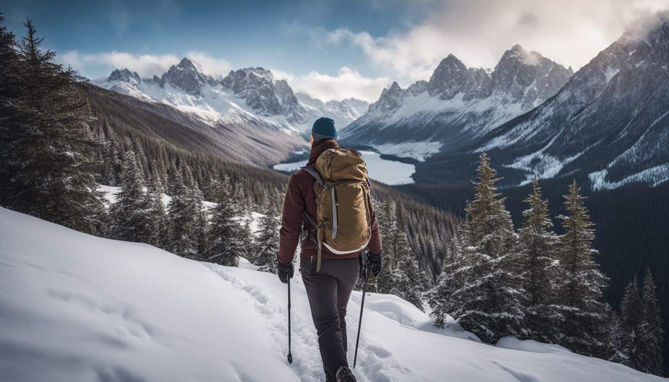 A hiker wearing winter gear stands in the midst of snowy mountains surrounded by natural beauty.