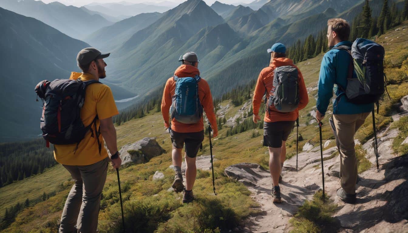 A diverse group of individuals hiking together on a mountain trail, captured in a stunning photograph.