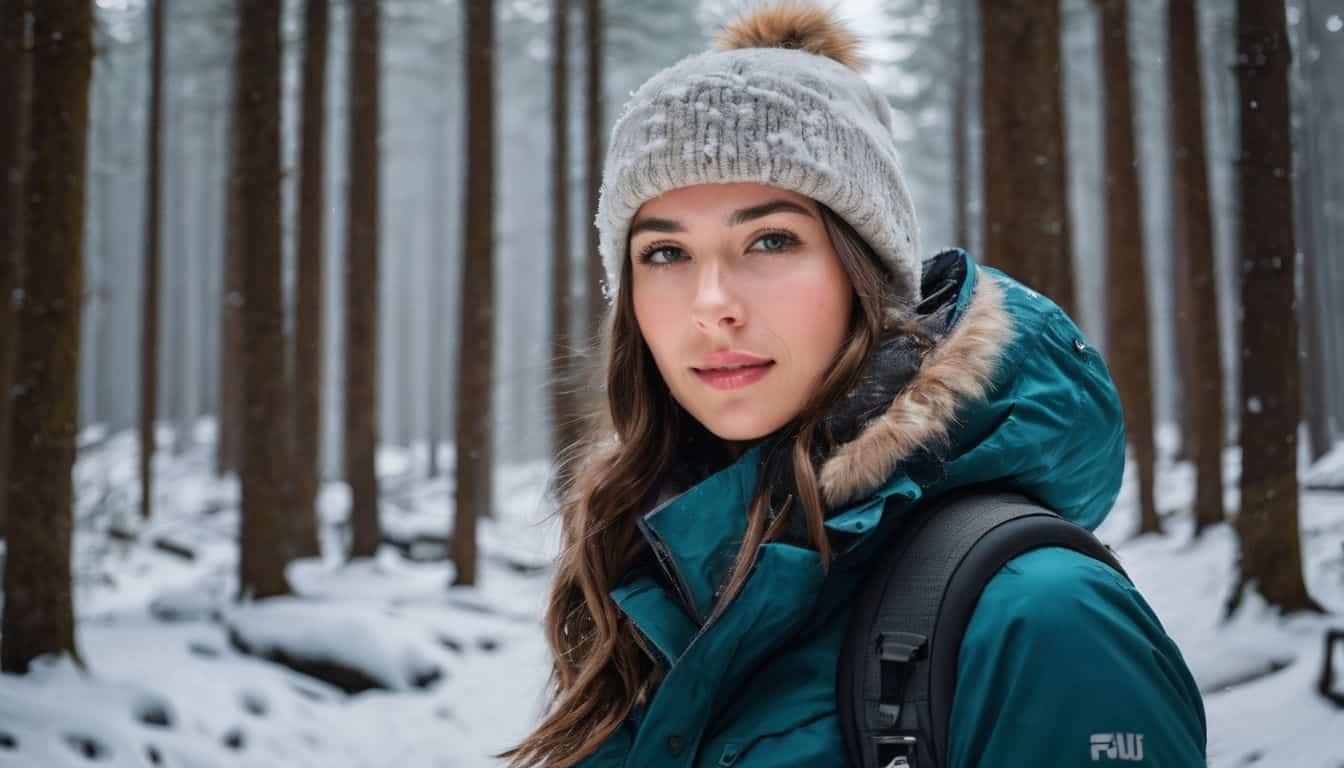 A person dressed in multiple layers of clothing stands in a snow-covered forest, surrounded by nature.