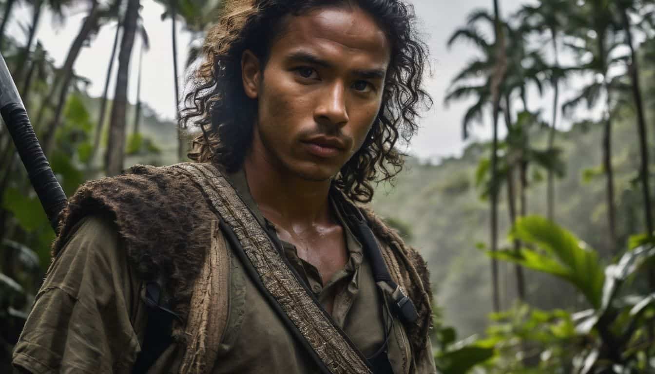 A determined person stands in a dense jungle, holding a machete, ready to explore and overcome challenges.