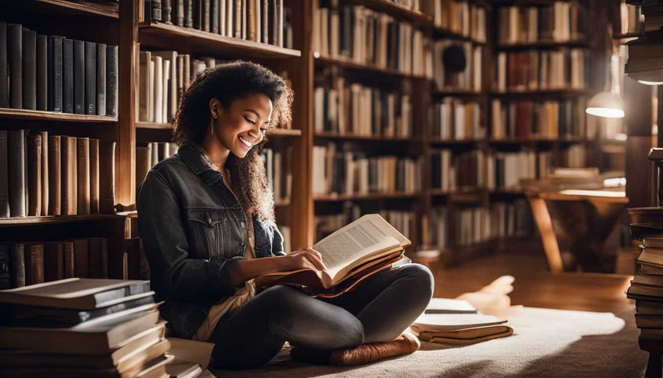 A person enjoys reading in a cozy library surrounded by books, with different faces, hairstyles, outfits, and a bustling atmosphere.