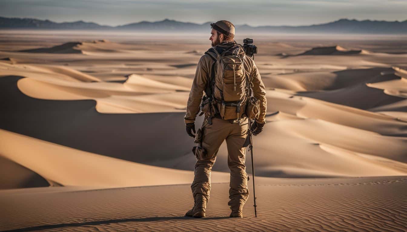 A person wearing desert survival gear stands in a vast desert landscape, captured in high-quality photography.