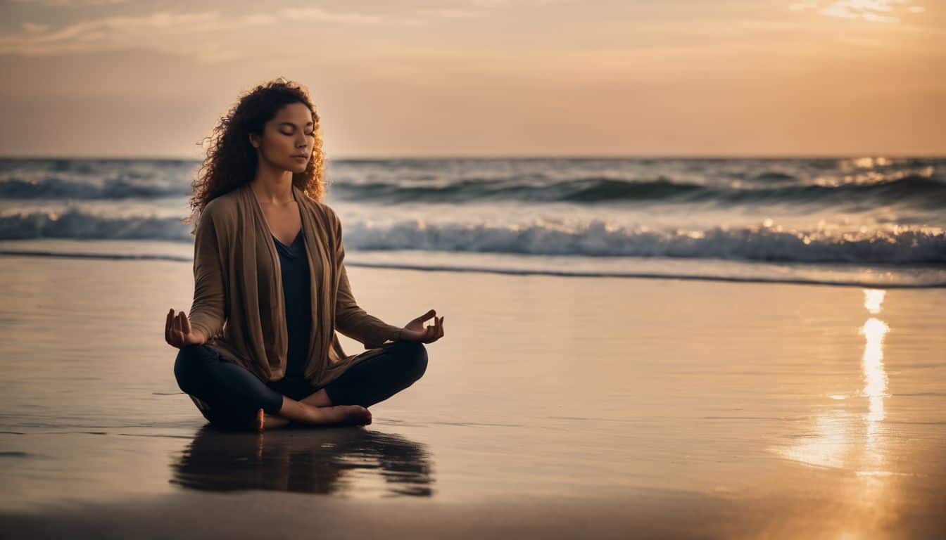 A person meditates on a serene beach surrounded by nature, creating a peaceful atmosphere.