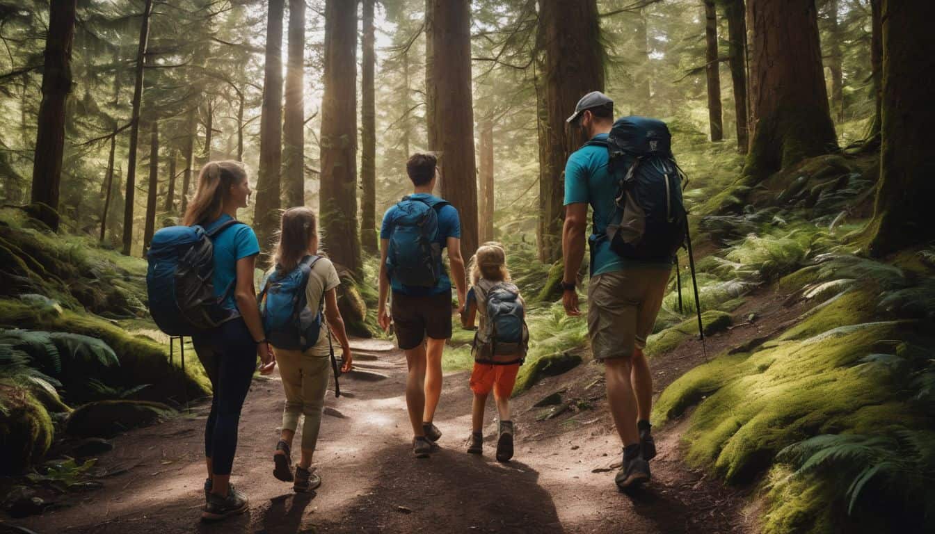 A diverse family enjoys a hike in a lush forest, captured in high quality photography.