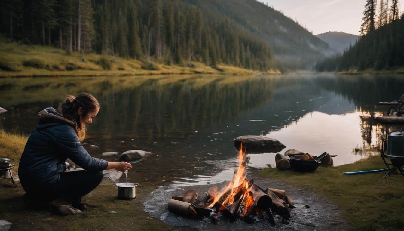 A person washes their hands at a riverside campsite surrounded by cooking utensils and a campfire.