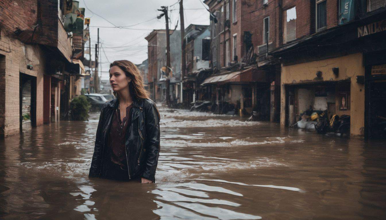 A person stands in a flooded street, surrounded by debris, in a bustling atmosphere.