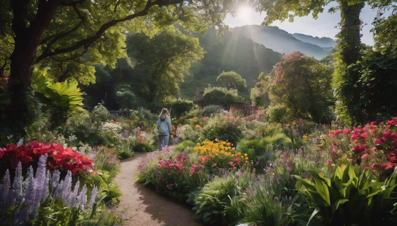 A person wearing protective clothing stands in a vibrant garden filled with colorful flowers.