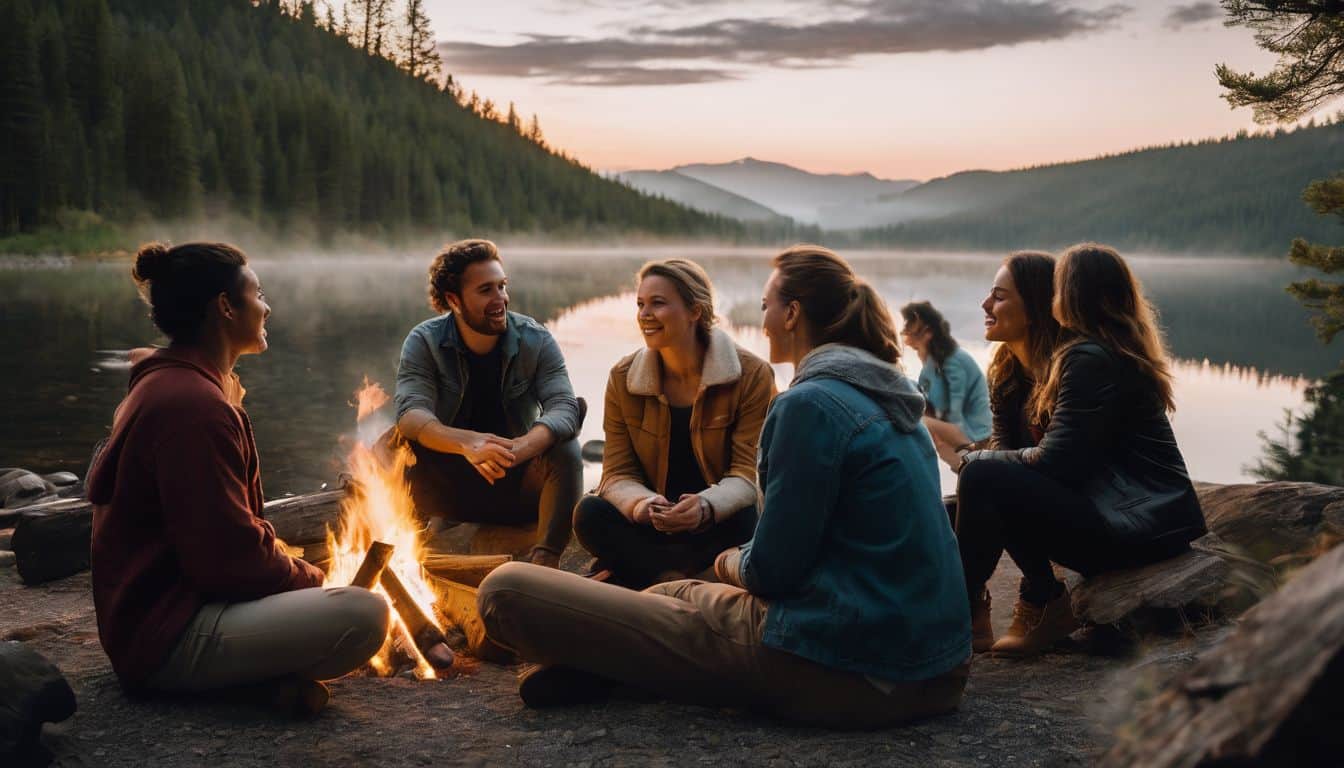 A diverse group of friends enjoying deep conversations and mindfulness around a campfire in nature.