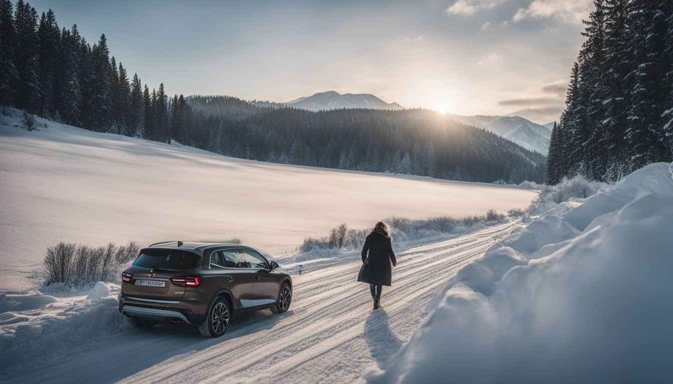 A person stranded in a snow-covered car, surrounded by a winter landscape, is captured in a beautifully cinematic photograph.