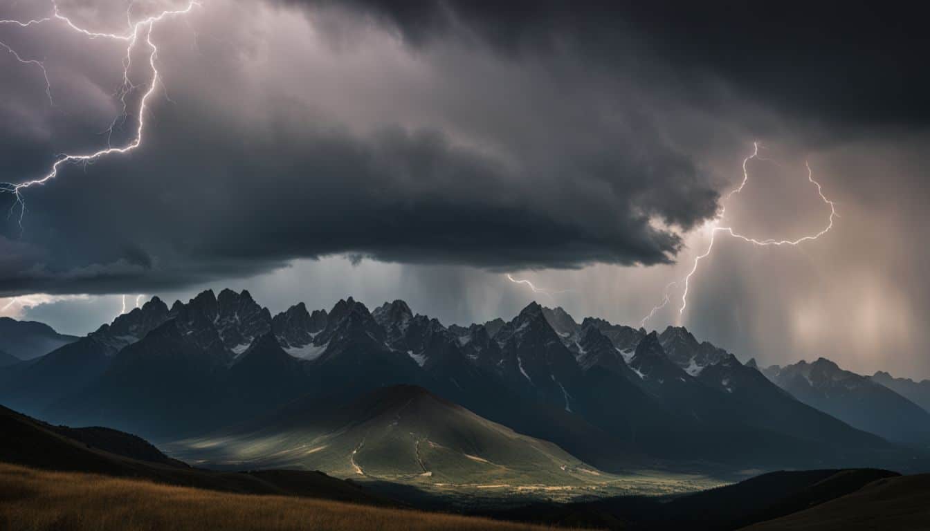 A captivating and dramatic landscape photograph of stormy skies over a mountain range.