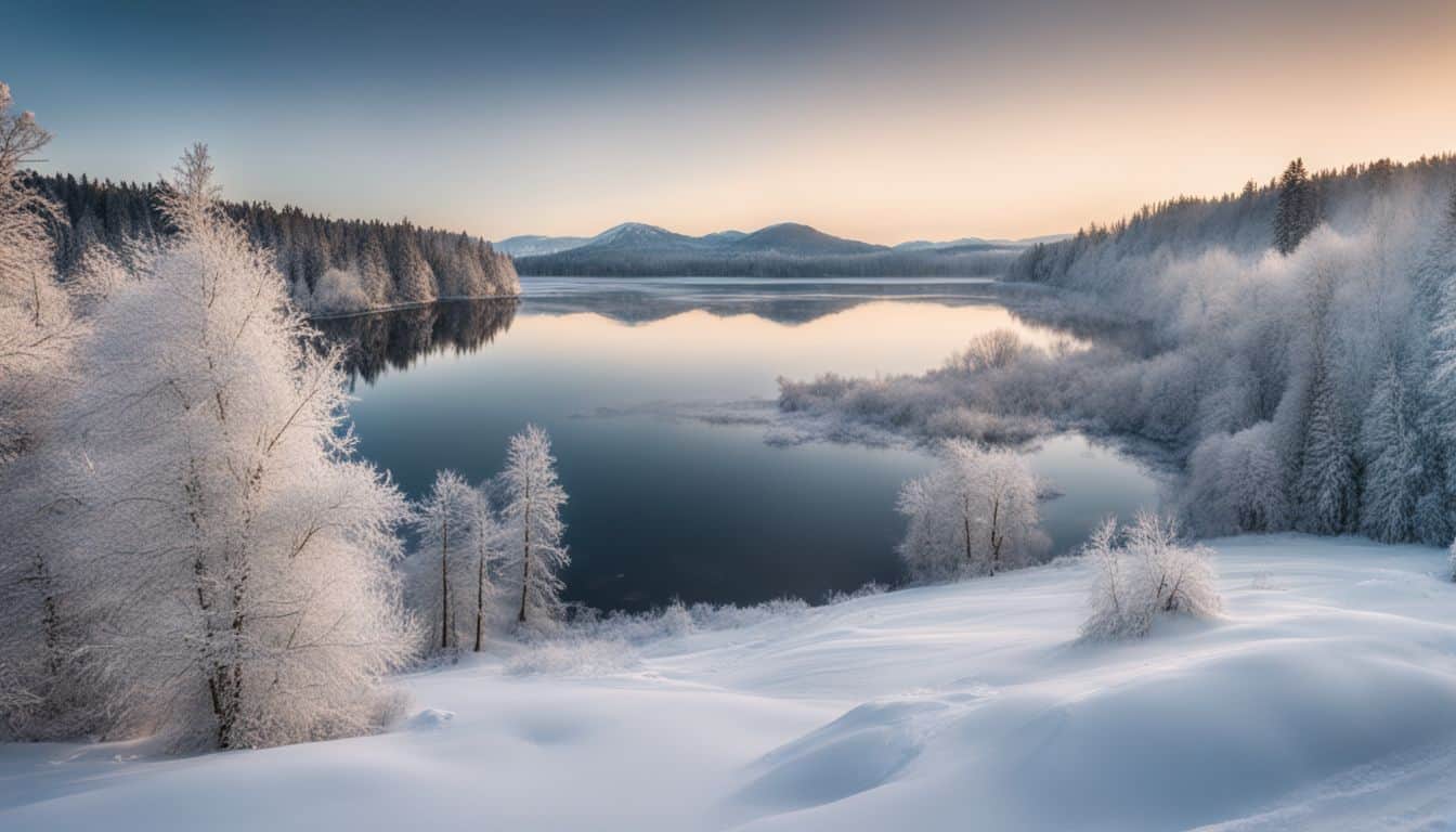 A stunning photograph of a winter landscape featuring snow-covered trees and a frozen lake.