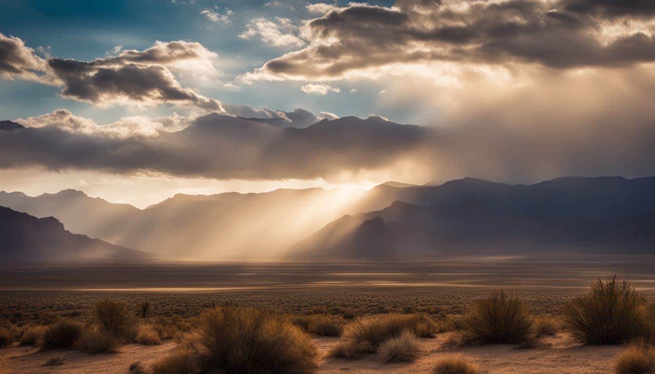 A vibrant desert landscape with diverse individuals and a ray of sunlight breaking through the clouds.