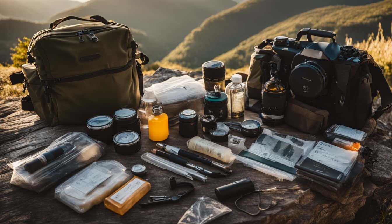 A photo of a wilderness medical kit surrounded by hiking gear in a scenic mountain landscape.