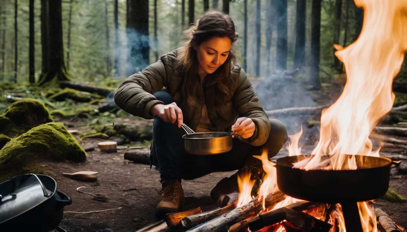 A person is cooking a meal over a campfire in a forest setting, surrounded by cooking utensils and practicing safety precautions.