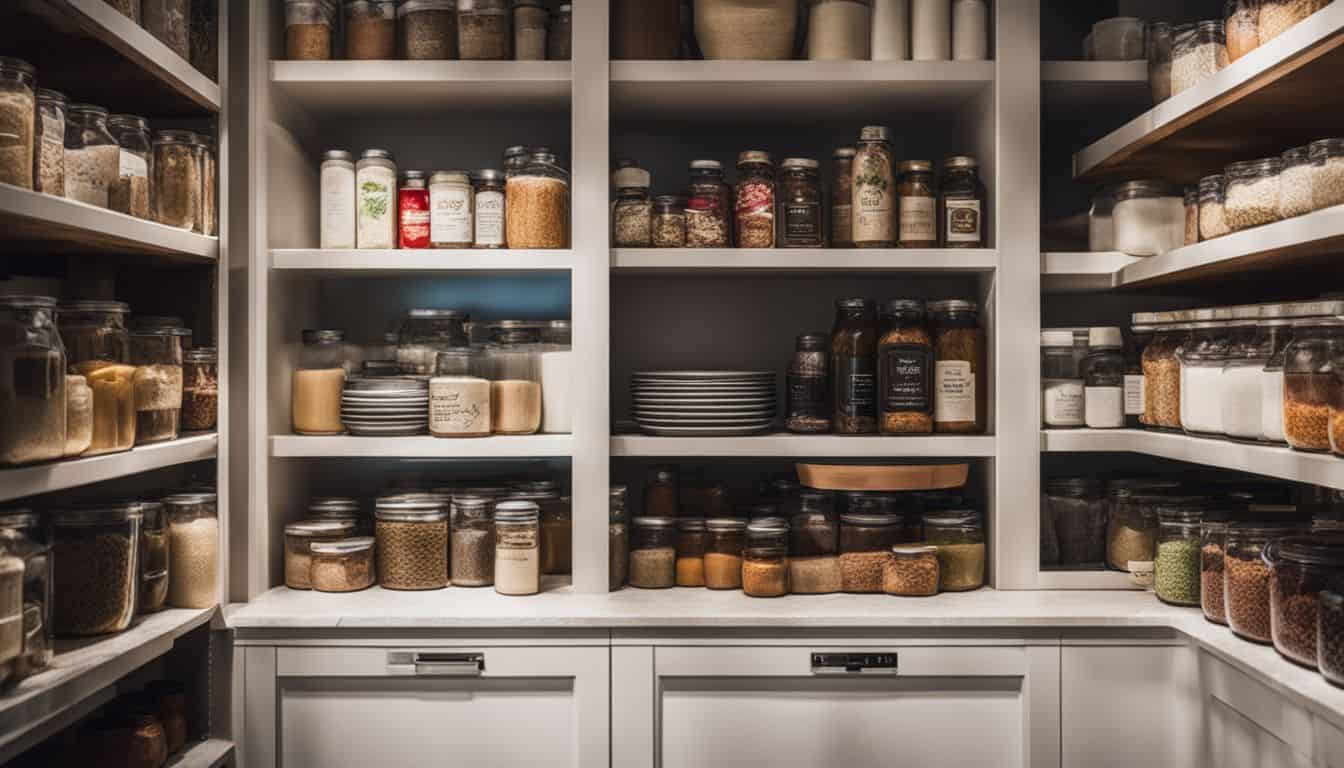 A well-stocked pantry with essential items for emergency preparedness in a bustling atmosphere.