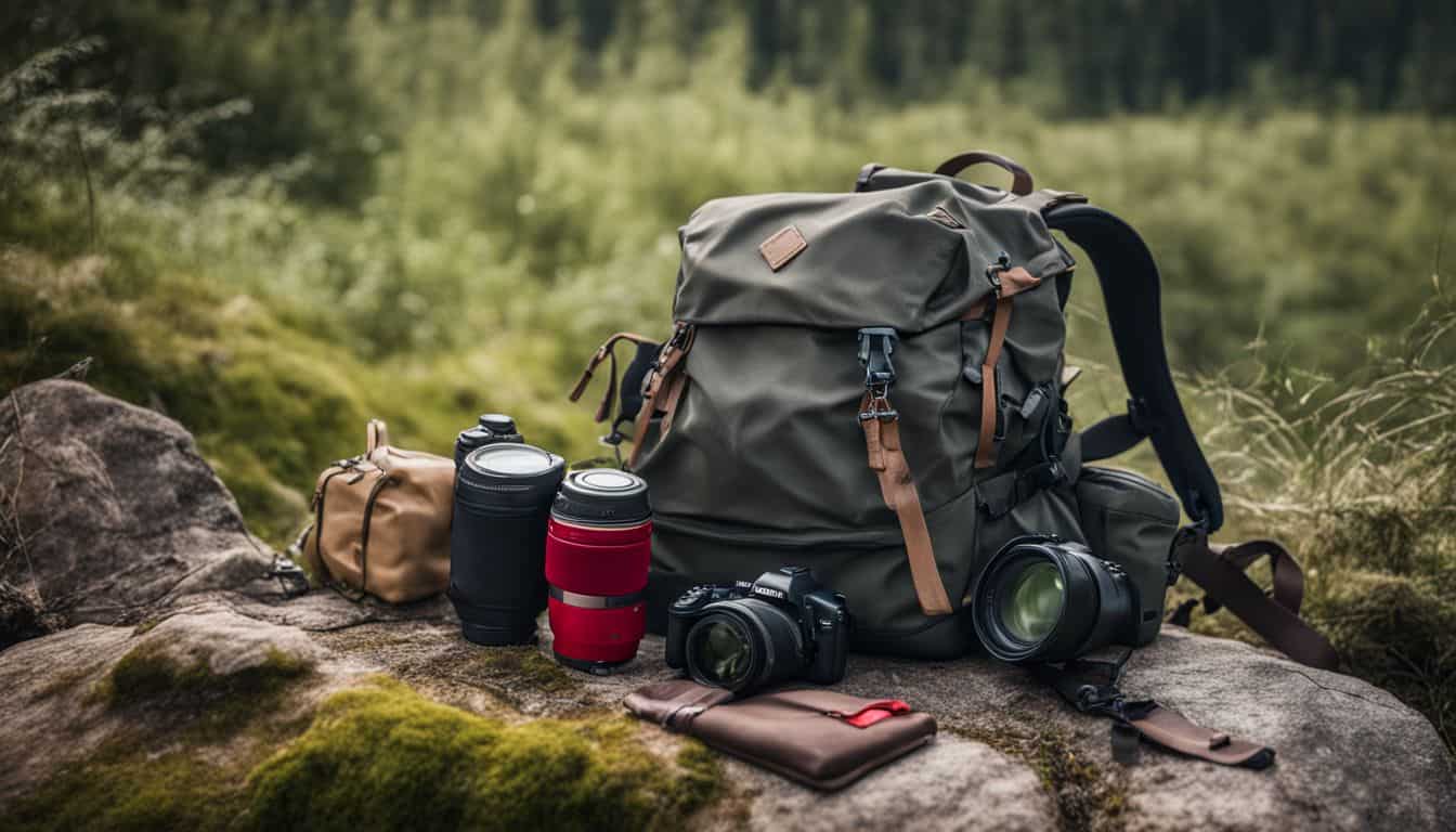 An open backpack with survival gear laid out in a natural environment, photographed with attention to detail and clarity.