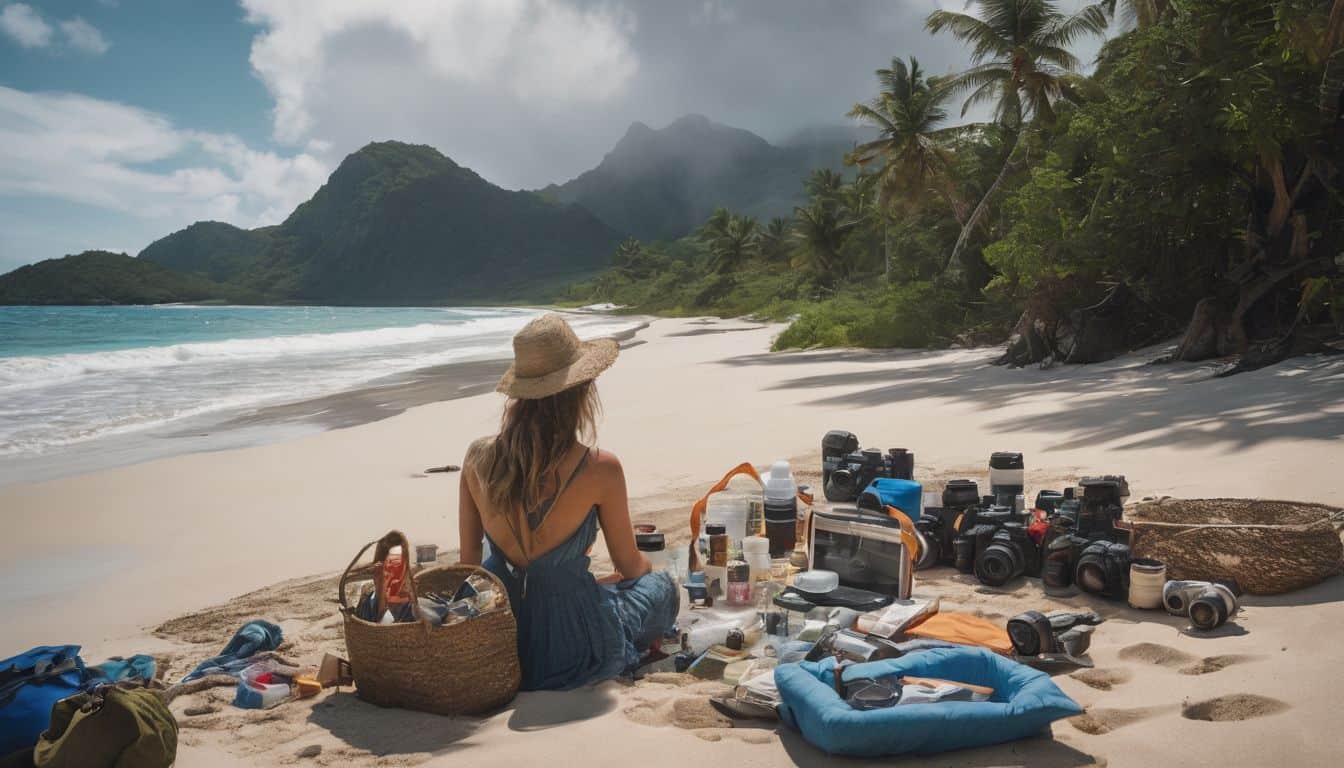A person is stranded on a deserted island surrounded by supplies.