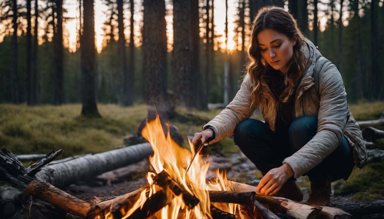 A person starts a fire in the wilderness surrounded by trees, creating a bustling atmosphere.