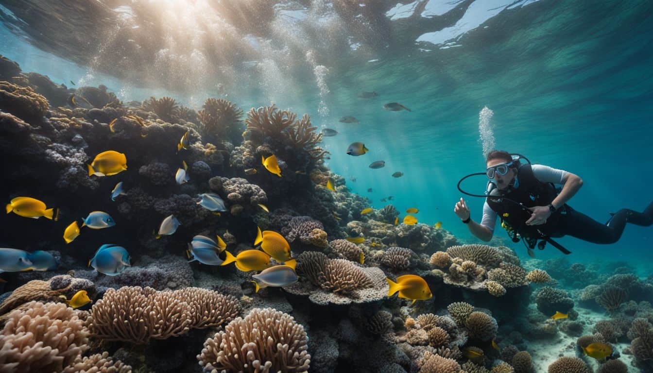 An underwater scene with a diverse array of marine species swimming among vibrant coral reefs.