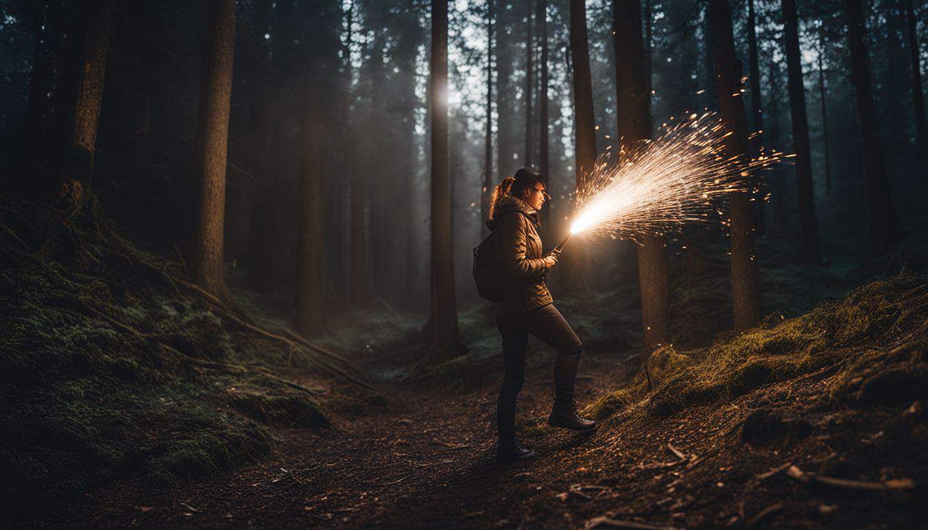 A person using a flare in a dense forest at night, capturing wildlife photography in different locations and styles.