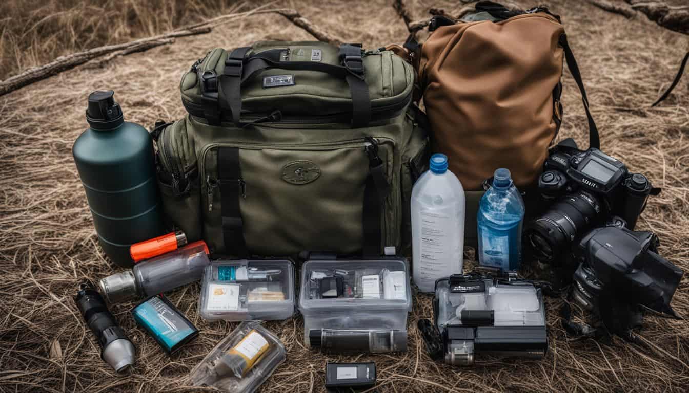 An well-stocked emergency kit with various items like flashlights, water bottles, and batteries.