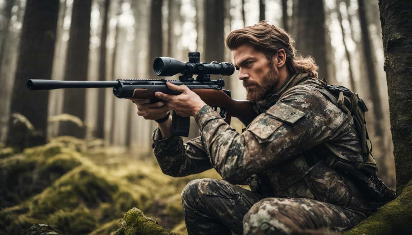 A hunter in camouflage clothing aims a rifle at a distant target in a forest.