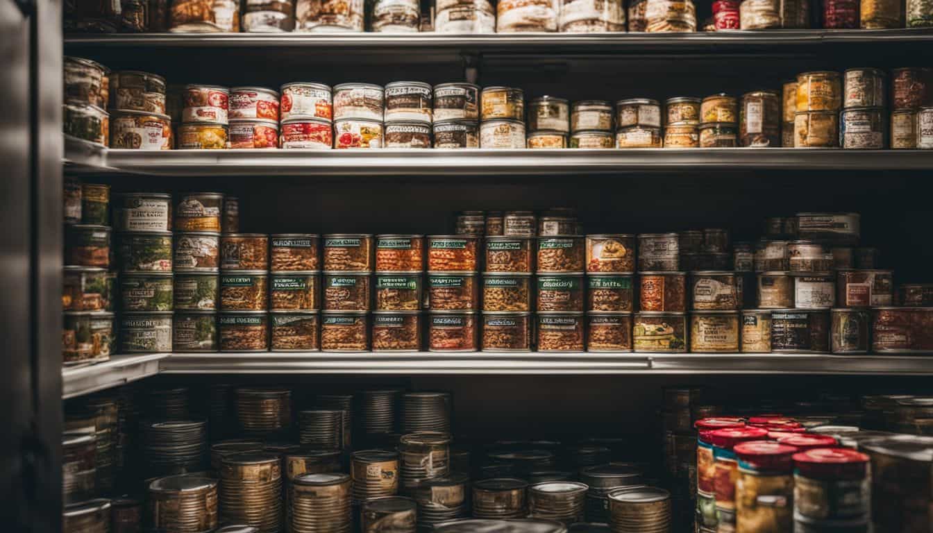 A well-stocked and organized pantry featuring a variety of canned goods in a bustling atmosphere.