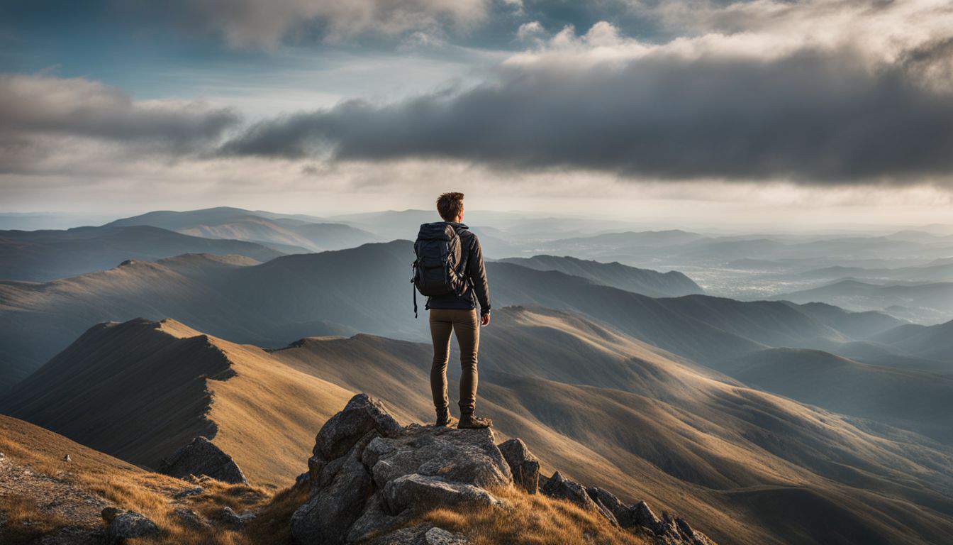 A hiker enjoys the panoramic view from a mountain peak in a beautiful and bustling landscape.