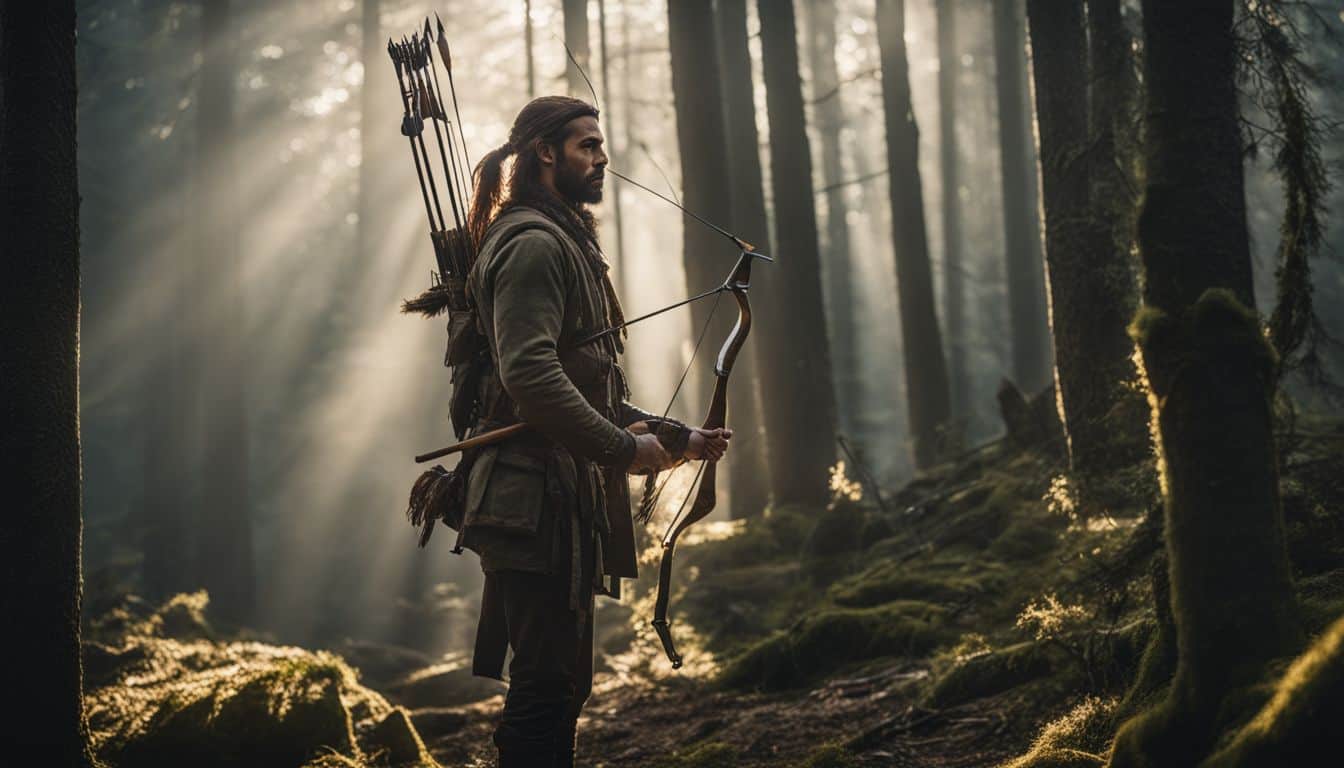 A skilled hunter poses with handmade bow and arrows in a forest, surrounded by wildlife and a bustling atmosphere.