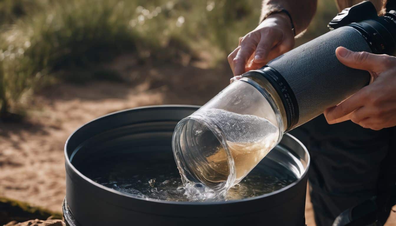 A person filters water in an outdoor setting with a bustling atmosphere, captured in high-quality detail and clarity.